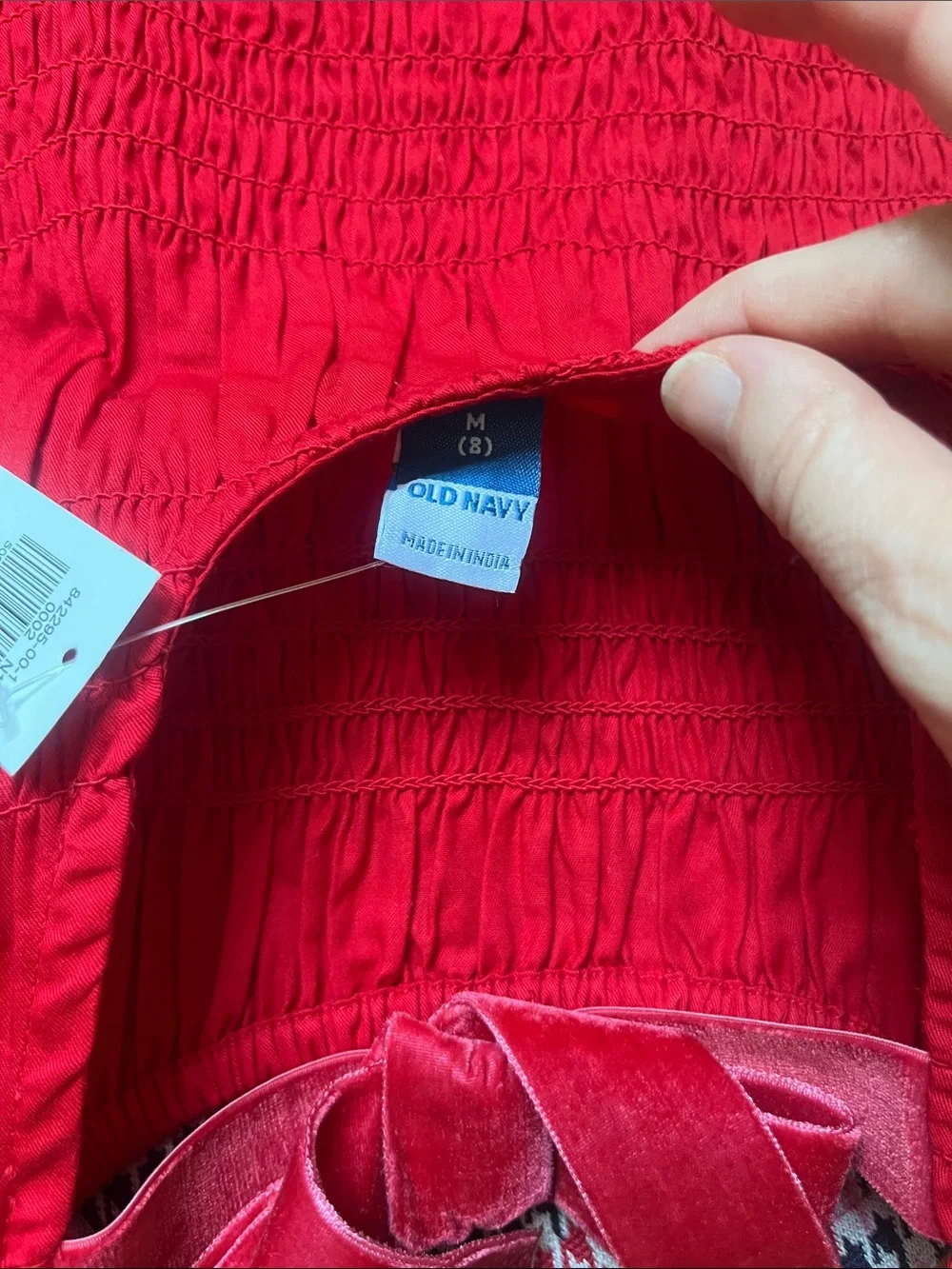 Old Navy Red Smocked Top with Pink & Black Patterned Wide-Leg Pants